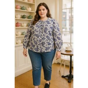 Lane Bryant Paisley Top 24 Button Front 100% Cotton Long Sleeve Ruffled Purple